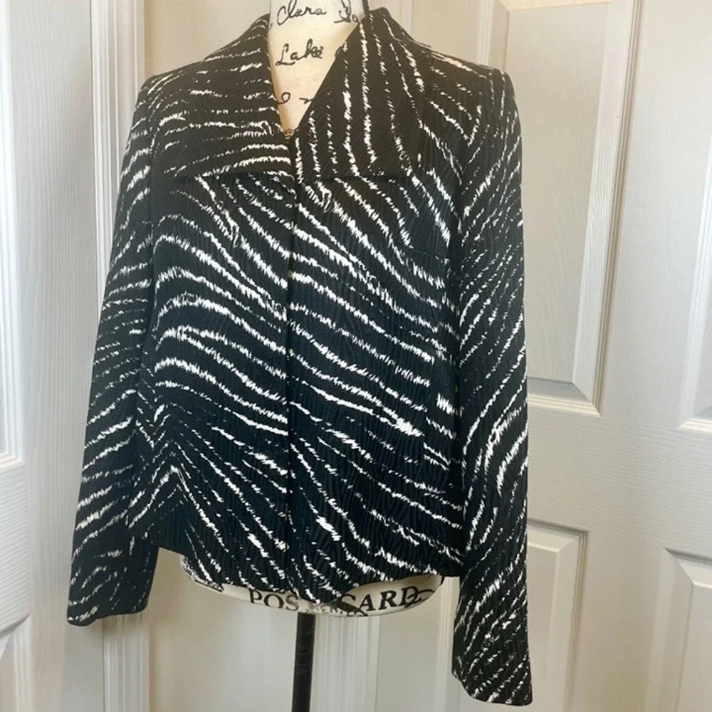 Anne Klein New York Silk Wool Blazer Black White Zebra Print Jacket 12P